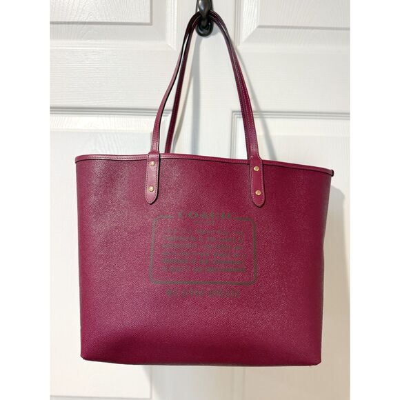 Coach Reversible City Tote Party Cat Print Maroon Berry Canvas Large Classic - Picture 7 of 16